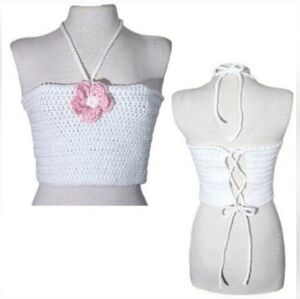 HANDCRAFTED Top Corsetted Cropped Crochet Floral White Sz S